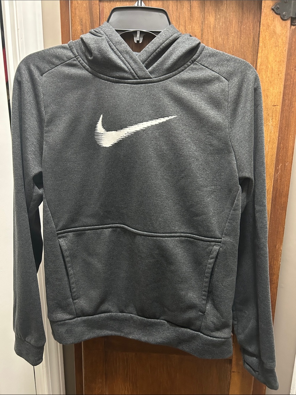 Nike YL Dark Gray Therma-Fit Hoodie with White Swoosh